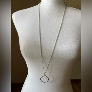 Double Stranded Silver-tone Chain Necklace with Open Teardrop Pendant 36”
